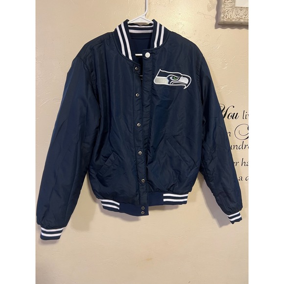 NFL Seattle Seahawks Reversible Fleece Jacket PVC Sleeves Size S 2 front logos - Picture 8 of 14